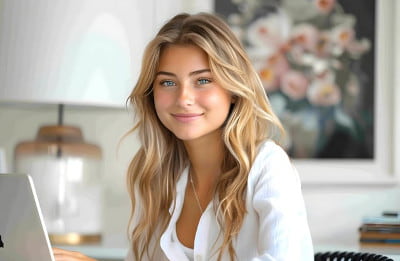 Pretty smiling blonde woman in front of a laptop